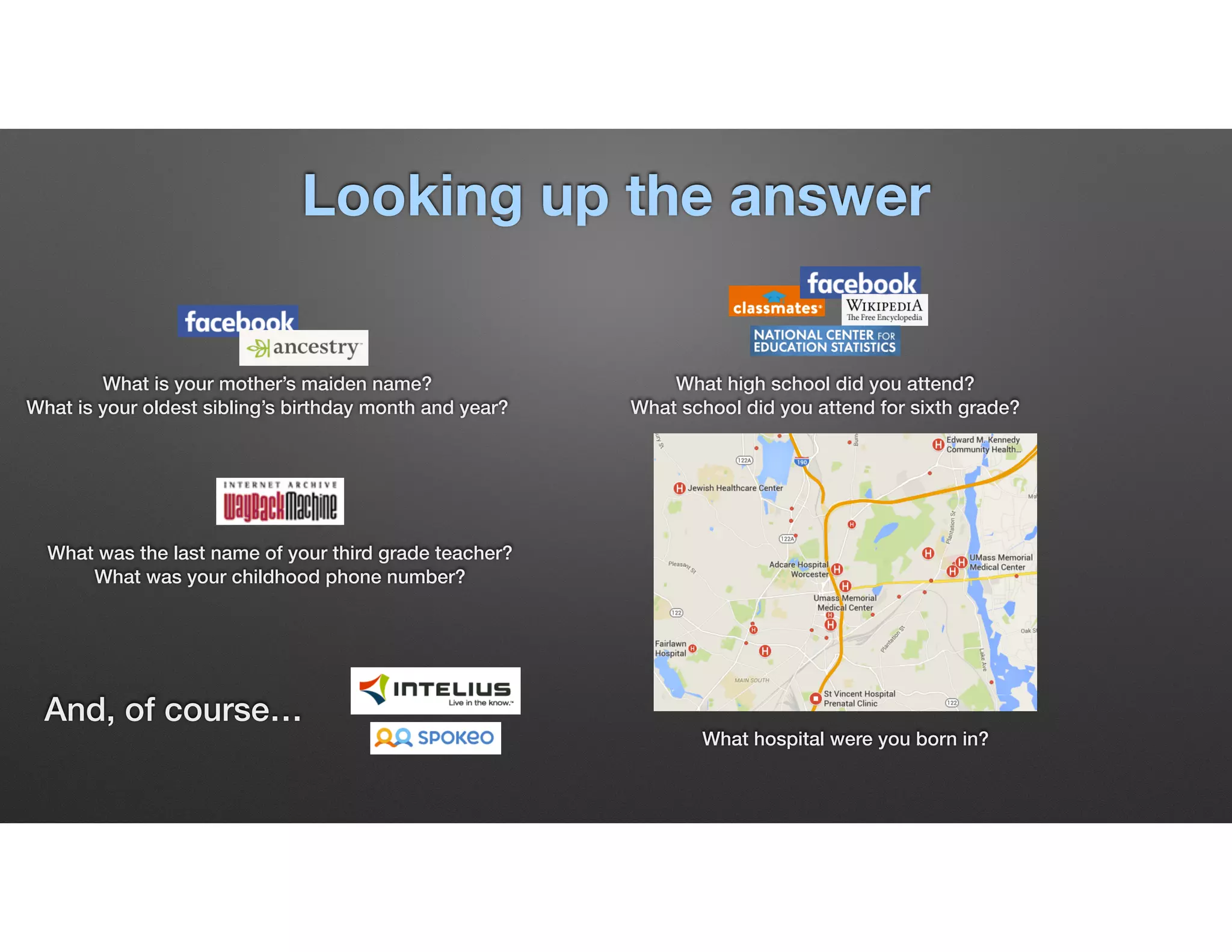 Looking up the answer
What is your mother’s maiden name? 
What is your oldest sibling’s birthday month and year?
What high school did you attend?
What school did you attend for sixth grade?
What was the last name of your third grade teacher?
What was your childhood phone number?
What hospital were you born in?
And, of course…
 