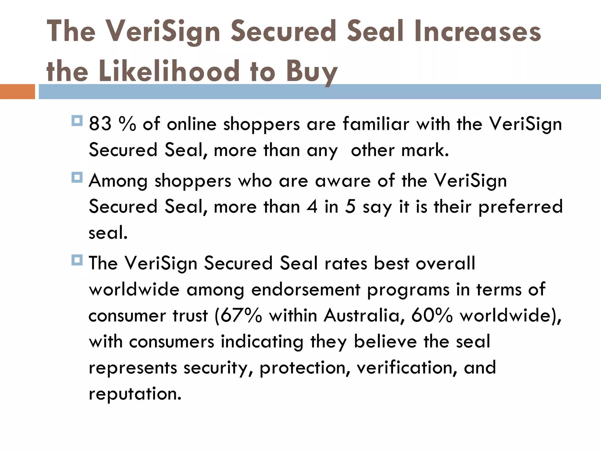 The VeriSign Secured Seal Increases
the Likelihood to Buy
  83  % of online shoppers are familiar with the VeriSign
   Secured Seal, more than any other mark.
  Among shoppers who are aware of the VeriSign
   Secured Seal, more than 4 in 5 say it is their preferred
   seal.
  The VeriSign Secured Seal rates best overall
   worldwide among endorsement programs in terms of
   consumer trust (67% within Australia, 60% worldwide),
   with consumers indicating they believe the seal
   represents security, protection, verification, and
   reputation.
 