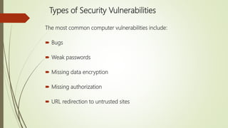 Types of Security Vulnerabilities
The most common computer vulnerabilities include:
 Bugs
 Weak passwords
 Missing data encryption
 Missing authorization
 URL redirection to untrusted sites
 