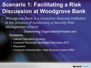 Scenario 1: Facilitating a Risk
Discussion at Woodgrove Bank
• Woodgrove Bank is a consumer financial institution
in the process of conducting a Security Risk
Management project
– Task One: Determining Organizational Assets and
Scenarios
• Interest Calculation Systems
• Customer Personally Identifiable Information (PII)
• Reputation
• Consumer financial data—High Business Impact (HBI)
 