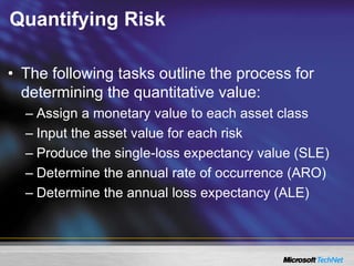 Quantifying Risk
• The following tasks outline the process for
determining the quantitative value:
– Assign a monetary value to each asset class
– Input the asset value for each risk
– Produce the single-loss expectancy value (SLE)
– Determine the annual rate of occurrence (ARO)
– Determine the annual loss expectancy (ALE)
 