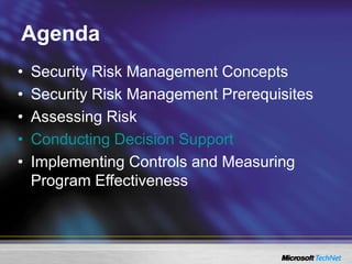 Agenda
• Security Risk Management Concepts
• Security Risk Management Prerequisites
• Assessing Risk
• Conducting Decision Support
• Implementing Controls and Measuring
Program Effectiveness
 