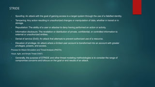 STRIDE
• Spoofing: An attack with the goal of gaining access to a target system through the use of a falsified identity.
• Tampering: Any action resulting in unauthorized changes or manipulation of data, whether in transit or in
storage.
• Repudiation: The ability of a user or attacker to deny having performed an action or activity.
• Information disclosure: The revelation or distribution of private, confidential, or controlled information to
external or unauthorized entities.
• Denial of service (DoS): An attack that attempts to prevent authorized use of a resource.
• Elevation of privilege: An attack where a limited user account is transformed into an account with greater
privileges, powers, and access.
Process for Attack Simulation and Threat Analysis (PASTA)
Visual, Agile, and Simple Threat (VAST)
• Generally, the purpose of STRIDE and other threat modeling methodologies is to consider the range of
compromise concerns and tofocus on the goal or end results of an attack.
 