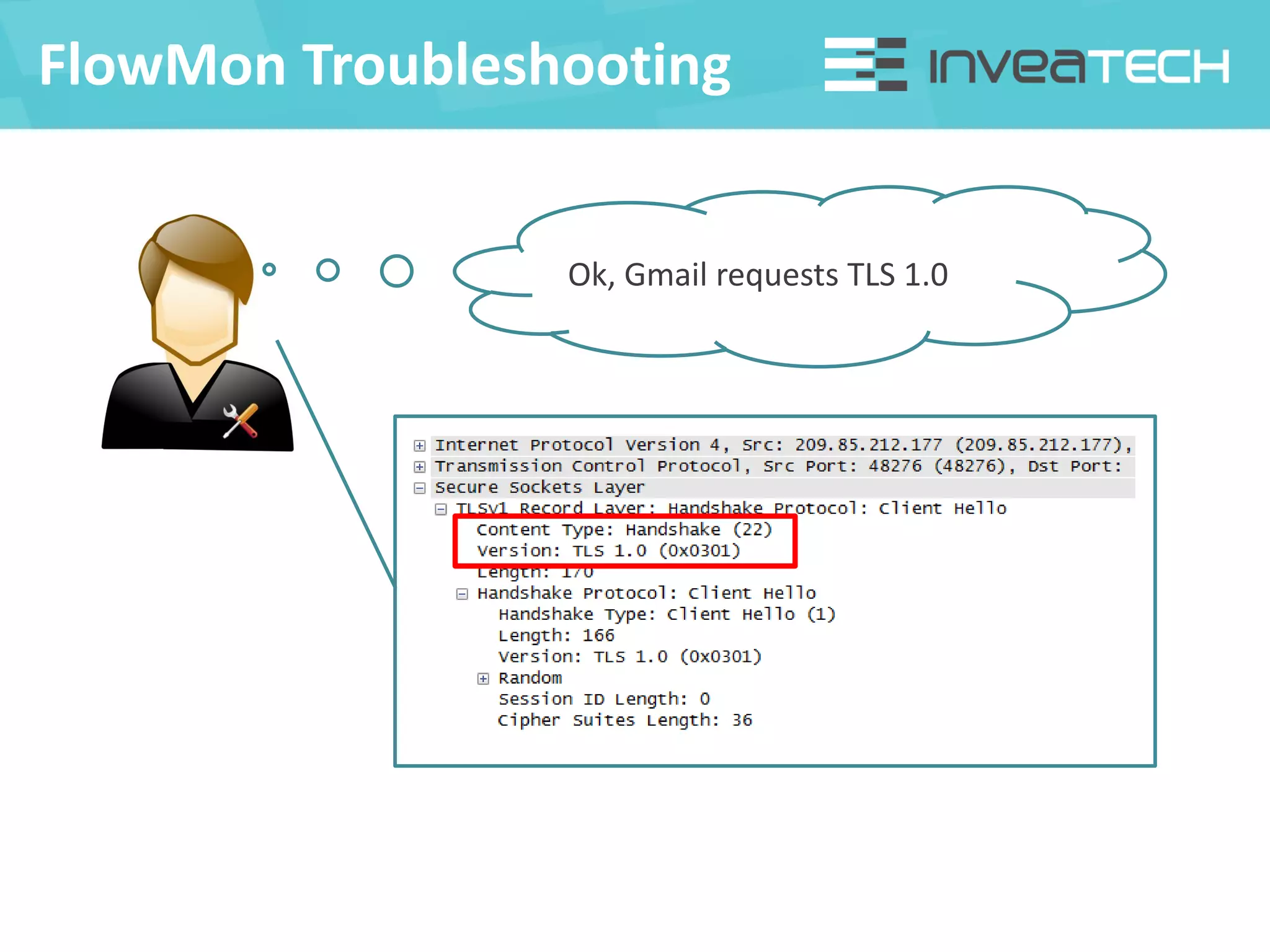 FlowMon Troubleshooting
Ok, Gmail requests TLS 1.0
 