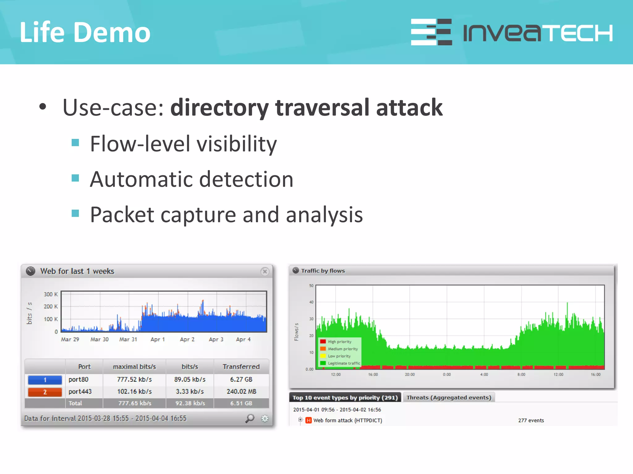Life Demo
• Use-case: directory traversal attack
 Flow-level visibility
 Automatic detection
 Packet capture and analysis
 