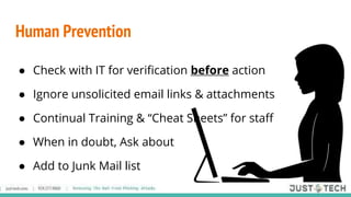 Human Prevention
● Check with IT for verification before action
● Ignore unsolicited email links & attachments
● Continual Training & “Cheat Sheets” for staff
● When in doubt, Ask about
● Add to Junk Mail list
 