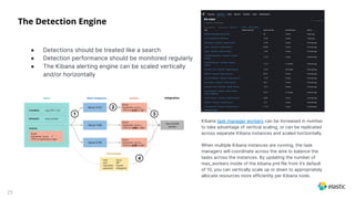 25
The Detection Engine
● Detections should be treated like a search
● Detection performance should be monitored regularly
● The Kibana alerting engine can be scaled vertically
and/or horizontally
Kibana task manager workers can be increased in number
to take advantage of vertical scaling, or can be replicated
across separate Kibana instances and scaled horizontally.
When multiple Kibana instances are running, the task
managers will coordinate across the wire to balance the
tasks across the instances. By updating the number of
max_workers inside of the kibana.yml file from it’s default
of 10, you can vertically scale up or down to appropriately
allocate resources more efficiently per Kibana node.
 