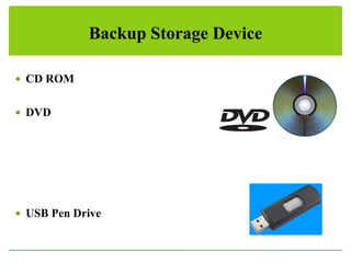 Backup Storage Device
 CD ROM
 DVD

 USB Pen Drive

 
