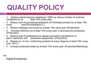 QUALITY POLICY













1. Achieve client/customer satisfaction 100% by reduce number of customer
complaints by at
least 10% every year.
2. Reduce cost of purchasing/verification of Purchased product by at least 10%
every
year.(Purchasing/Q.C.)
3. Reduce wastages and scrap by at least 10% every year (Production)
4. Increase efficiency by at least 10% every year in all production processes.
(Production)
5. Reduce cost of breakdowns by regular preventive maintenance of
plant, machinery and production equipments. (Production)
6. Reduce no. of non- conforming products at every stage by at least 10% every
year (Q.C.)
7. Increase production/sales by at least 10% every year. (Production/Marketing)

For


Digital Enterprises

 