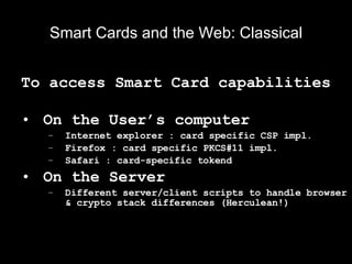 Smart Cards and the Web: Classical <ul><li>To access Smart Card capabilities </li></ul><ul><li>On the User’s computer </li...