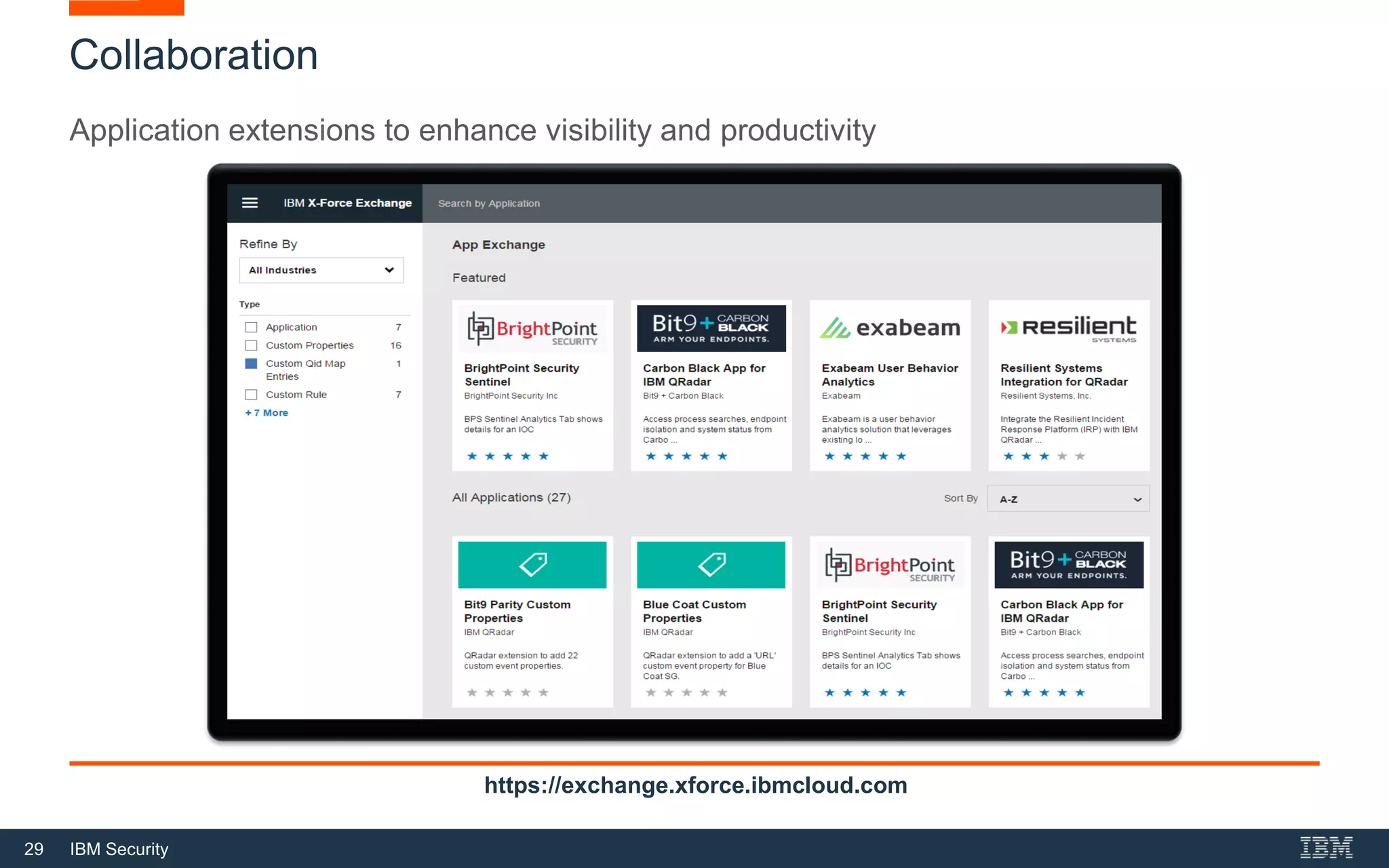 29 IBM Security
Collaboration
Application extensions to enhance visibility and productivity
https://exchange.xforce.ibmcloud.com
 