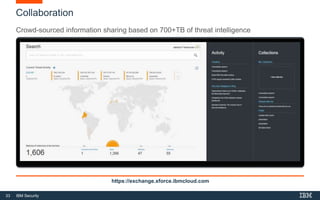 33 IBM Security
Collaboration
Crowd-sourced information sharing based on 700+TB of threat intelligence
https://exchange.xforce.ibmcloud.com
 