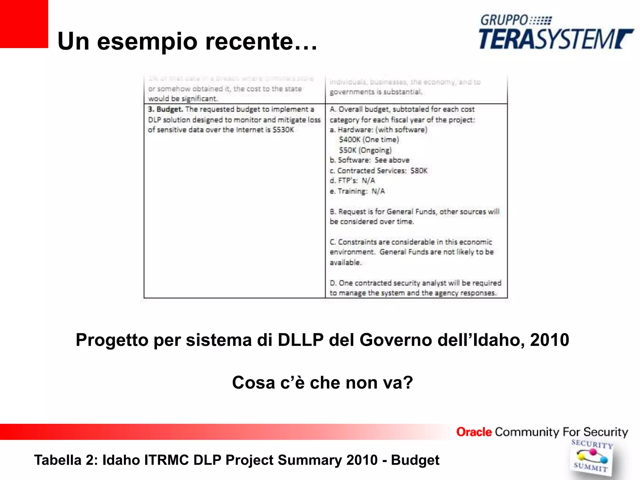 Un esempio recente…




     Progetto per sistema di DLLP del Governo dell’Idaho, 2010

                           Cosa c’è che non va?



Tabella 2: Idaho ITRMC DLP Project Summary 2010 - Budget
 