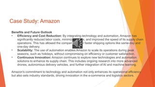 Case Study: Amazon
Benefits and Future Outlook
• Efficiency and Cost Reduction: By integrating technology and automation, Amazon has
significantly reduced labor costs, minimized errors, and improved the speed of its supply chain
operations. This has allowed the company to offer faster shipping options like same-day and
one-day delivery.
• Scalability: The use of automation enables Amazon to scale its operations during peak
seasons, such as holidays, without compromising on efficiency or customer satisfaction.
• Continuous Innovation: Amazon continues to explore new technologies and automation
solutions to enhance its supply chain. This includes ongoing research into more advanced
drones, autonomous delivery vehicles, and further integration of AI and machine learning.
Amazon's commitment to technology and automation not only enhances its operational efficiency
but also sets industry standards, driving innovation in the e-commerce and logistics sectors.
 
