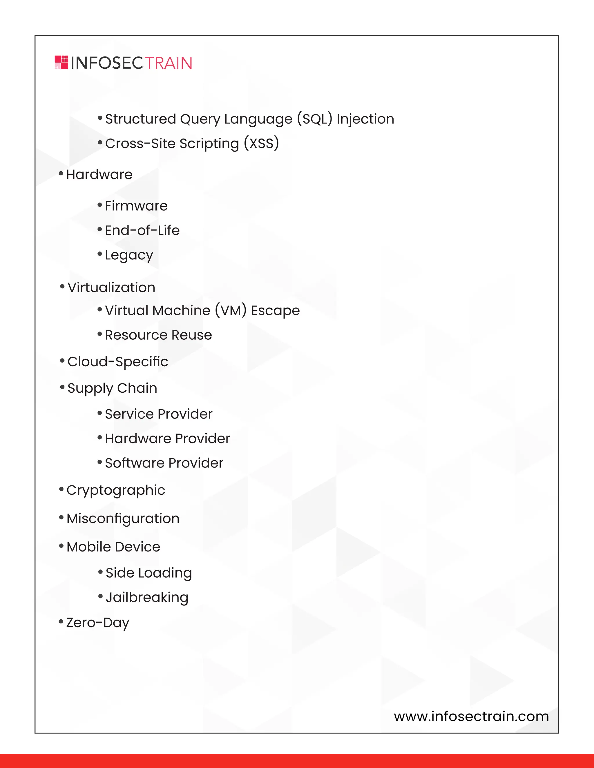 www.infosectrain.com
•Hardware
•Cryptographic
•Misconfiguration
•Mobile Device
•Zero-Day
•Virtualization
•Cloud-Specific
•Supply Chain
•Structured Query Language (SQL) Injection
•Cross-Site Scripting (XSS)
•Firmware
•End-of-Life
•Legacy
•Virtual Machine (VM) Escape
•Resource Reuse
•Service Provider
•Hardware Provider
•Software Provider
•Side Loading
•Jailbreaking
 