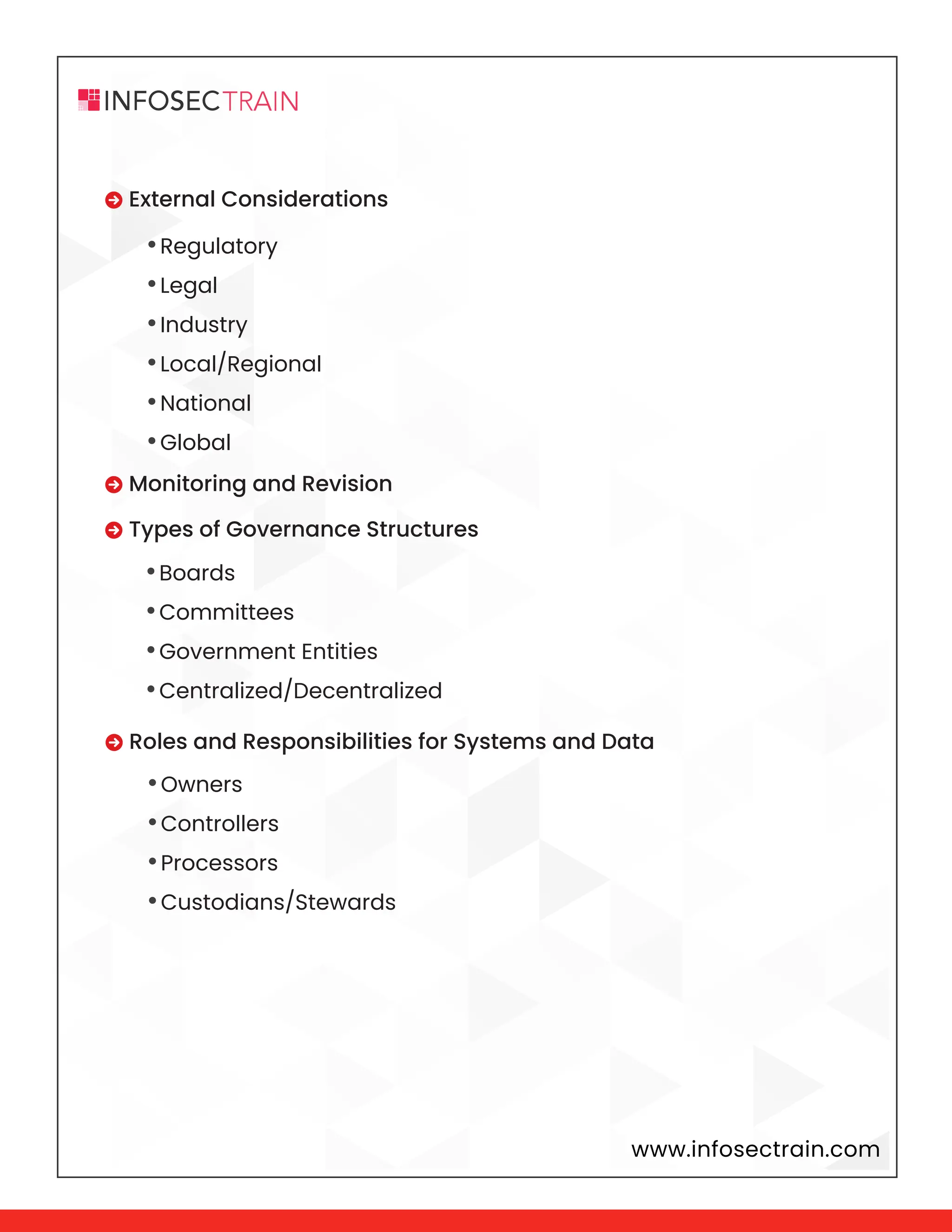 www.infosectrain.com
 External Considerations
 Monitoring and Revision
 Types of Governance Structures
 Roles and Responsibilities for Systems and Data
•Regulatory
•Legal
•Industry
•Local/Regional
•National
•Global
•Boards
•Committees
•Government Entities
•Centralized/Decentralized
•Owners
•Controllers
•Processors
•Custodians/Stewards
 