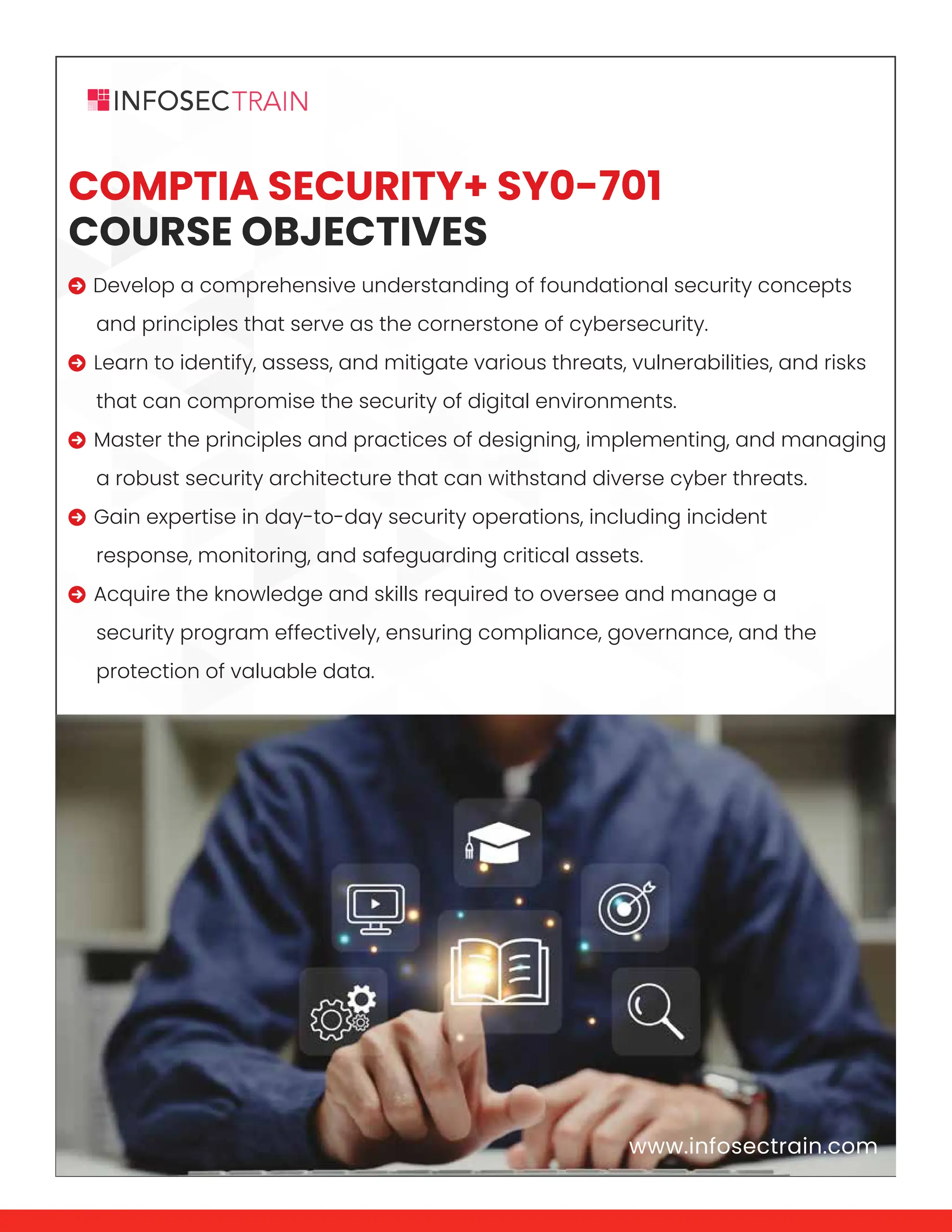 www.infosectrain.com
COMPTIA SECURITY+ SY0-701
COURSE OBJECTIVES
 Develop a comprehensive understanding of foundational security concepts
and principles that serve as the cornerstone of cybersecurity.
 Learn to identify, assess, and mitigate various threats, vulnerabilities, and risks
that can compromise the security of digital environments.
 Master the principles and practices of designing, implementing, and managing
a robust security architecture that can withstand diverse cyber threats.
 Gain expertise in day-to-day security operations, including incident
response, monitoring, and safeguarding critical assets.
 Acquire the knowledge and skills required to oversee and manage a
security program effectively, ensuring compliance, governance, and the
protection of valuable data.
www.infosectrain.com
 