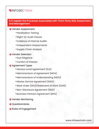 www.infosectrain.com
•Penetration Testing
•Right-to-Audit Clause
•Evidence of Internal Audits
•Independent Assessments
•Supply Chain Analysis
•Due Diligence
•Conflict of Interest
•Service-Level Agreement (SLA)
•Memorandum of Agreement (MOA)
•Memorandum of Understanding (MOU)
•Master Service Agreement (MSA)
•Work Order (WO)/Statement of Work (SOW)
•Non-Disclosure Agreement (NDA)
•Business Partners Agreement (BPA)
 Vendor Assessment
 Vendor Selection
 Agreement Types
 Vendor Monitoring
 Questionnaires
 Rules of Engagement
5.3: Explain the Processes Associated with Third-Party Risk Assessment
and Management
 