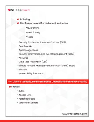 www.infosectrain.com
 Archiving
 Alert Response and Remediation/ Validation
•Security Content Automation Protocol (SCAP)
•Benchmarks
•Agents/Agentless
•Security Information and Event Management (SIEM)
•Antivirus
•Data Loss Prevention (DLP)
•Simple Network Management Protocol (SNMP) Traps
•NetFlow
•Vulnerability Scanners
•Rules
•Access Lists
•Ports/Protocols
•Screened Subnets
•Quarantine
•Alert Tuning
•Tools
 Firewall
4.5: Given a Scenario, Modify Enterprise Capabilities to Enhance Security
 