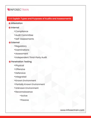 www.infosectrain.com
 Attestation
 Internal
 External
•Active
•Passive
 Penetration Testing
•Compliance
•Audit Committee
•Self-Assessments
•Regulatory
•Examinations
•Assessment
•Independent Third-Party Audit
•Physical
•Offensive
•Defensive
•Integrated
•Known Environment
•Partially Known Environment
•Unknown Environment
•Reconnaissance
5.4: Explain Types and Purposes of Audits and Assessments
 