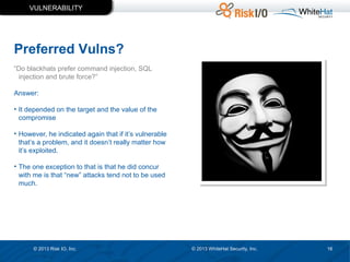 VULNERABILITY

Preferred Vulns?
“Do blackhats prefer command injection, SQL
injection and brute force?”
Answer:
• It depended on the target and the value of the
compromise
• However, he indicated again that if it’s vulnerable
that’s a problem, and it doesn’t really matter how
it’s exploited.
• The one exception to that is that he did concur
with me is that “new” attacks tend not to be used
much.

© 2013 Risk IO, Inc.

© 2013 WhiteHat Security, Inc.

16

 