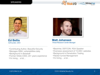 SPEAKERS

Ed Bellis
CoFounder, CEO

• Contributing Author, Beautiful Security
• Manages 50M+ vulnerabilities daily
• Background in Baseball
• Former Orbitz CISO, 20+ years experience
• I'm hiring… a lot…

© 2013 Risk IO, Inc.

Matt Johansen
Threat Research Center Manager

• BlackHat, DEFCON, RSA Speaker
• Oversees assessment of 15,000+ websites
• Background in Penetration Testing
• Hacker turned Management
• I'm hiring… a lot…

© 2013 WhiteHat Security, Inc.

2

 