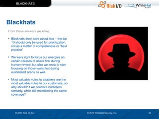 BLACKHATS

Blackhats
From these answers we know:
• Blackhats don’t care about lists – the top
10 should only be used for prioritization,
not as a matter of completeness or “best
practice”
• We were right to focus our energies on
certain classes of attack first during
human review, but also we know to start
focusing on those vulns first during
automated scans as well.
• Most valuable vulns to attackers are the
most valuable vulns to our customers, so
why shouldn’t we prioritize ourselves
similarly, while still maintaining the same
coverage?

© 2013 Risk IO, Inc.

© 2013 WhiteHat Security, Inc.

20

 