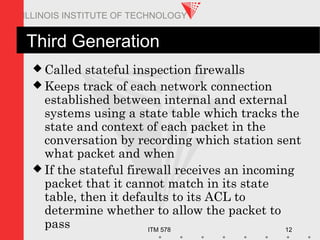 ITM 578 12
ILLINOIS INSTITUTE OF TECHNOLOGY
Third Generation
 Called stateful inspection firewalls
 Keeps track of each network connection
established between internal and external
systems using a state table which tracks the
state and context of each packet in the
conversation by recording which station sent
what packet and when
 If the stateful firewall receives an incoming
packet that it cannot match in its state
table, then it defaults to its ACL to
determine whether to allow the packet to
pass
 