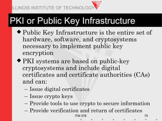 ITM 578 75
ILLINOIS INSTITUTE OF TECHNOLOGY
PKI or Public Key Infrastructure
 Public Key Infrastructure is the entire set of
hardware, software, and cryptosystems
necessary to implement public key
encryption
 PKI systems are based on public-key
cryptosystems and include digital
certificates and certificate authorities (CAs)
and can:
– Issue digital certificates
– Issue crypto keys
– Provide tools to use crypto to secure information
– Provide verification and return of certificates
 