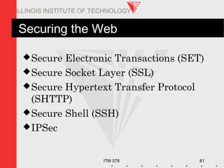 ITM 578 81
ILLINOIS INSTITUTE OF TECHNOLOGY
Securing the Web
Secure Electronic Transactions (SET)
Secure Socket Layer (SSL)
Secure Hypertext Transfer Protocol
(SHTTP)
Secure Shell (SSH)
IPSec
 