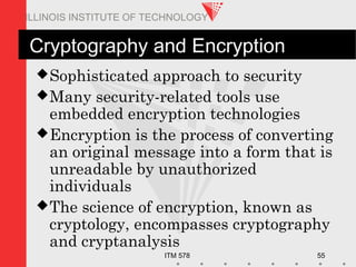 ITM 578 55
ILLINOIS INSTITUTE OF TECHNOLOGY
Cryptography and Encryption
Sophisticated approach to security
Many security-related tools use
embedded encryption technologies
Encryption is the process of converting
an original message into a form that is
unreadable by unauthorized
individuals
The science of encryption, known as
cryptology, encompasses cryptography
and cryptanalysis
 