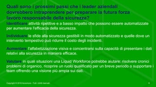 Quali sono i prossimi passi che i leader aziendali
dovrebbero intraprendere per preparare la futura forza
lavoro responsabile della sicurezza?
Identificare attività ripetitive e a basso impatto che possono essere automatizzate
per aumentare l'efficacia della sicurezza.
Individuare le sfide alla sicurezza gestibili in modo automatizzato e quelle dove un
intervento tempestivo può ridurre il costo degli incidenti.
Aumentare l'alfabetizzazione visiva e concentrarsi sulla capacità di presentare i dati
relativi alla sicurezza in maniera efficace.
Valutare in quali situazioni una Liquid Workforce potrebbe aiutare: risolvere cronici
problemi di organico, ricoprire un ruolo qualificato per un breve periodo o supportare i
team offrendo una visione più ampia sui dati.
Copyright © 2016 Accenture - Tutti i diritti riservati. 8
 