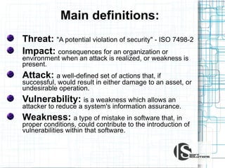 Main definitions:
Threat: "A potential violation of security" - ISO 7498-2
Impact: consequences for an organization or
environment when an attack is realized, or weakness is
present.

Attack: a well-defined set of actions that, if

successful, would result in either damage to an asset, or
undesirable operation.

Vulnerability: is a weakness which allows an

attacker to reduce a system's information assurance.

Weakness: a type of mistake in software that, in

proper conditions, could contribute to the introduction of
vulnerabilities within that software.

 