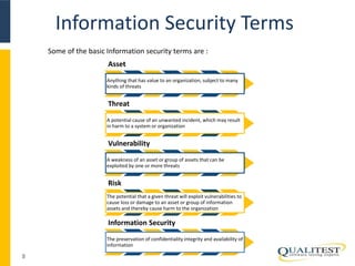 Information Security Terms
8
Some of the basic Information security terms are :
Asset
Anything that has value to an organization, subject to many
kinds of threats
Threat
A potential cause of an unwanted incident, which may result
in harm to a system or organization
Vulnerability
A weakness of an asset or group of assets that can be
exploited by one or more threats
Risk
The potential that a given threat will exploit vulnerabilities to
cause loss or damage to an asset or group of information
assets and thereby cause harm to the organization
Information Security
The preservation of confidentiality integrity and availability of
information
 