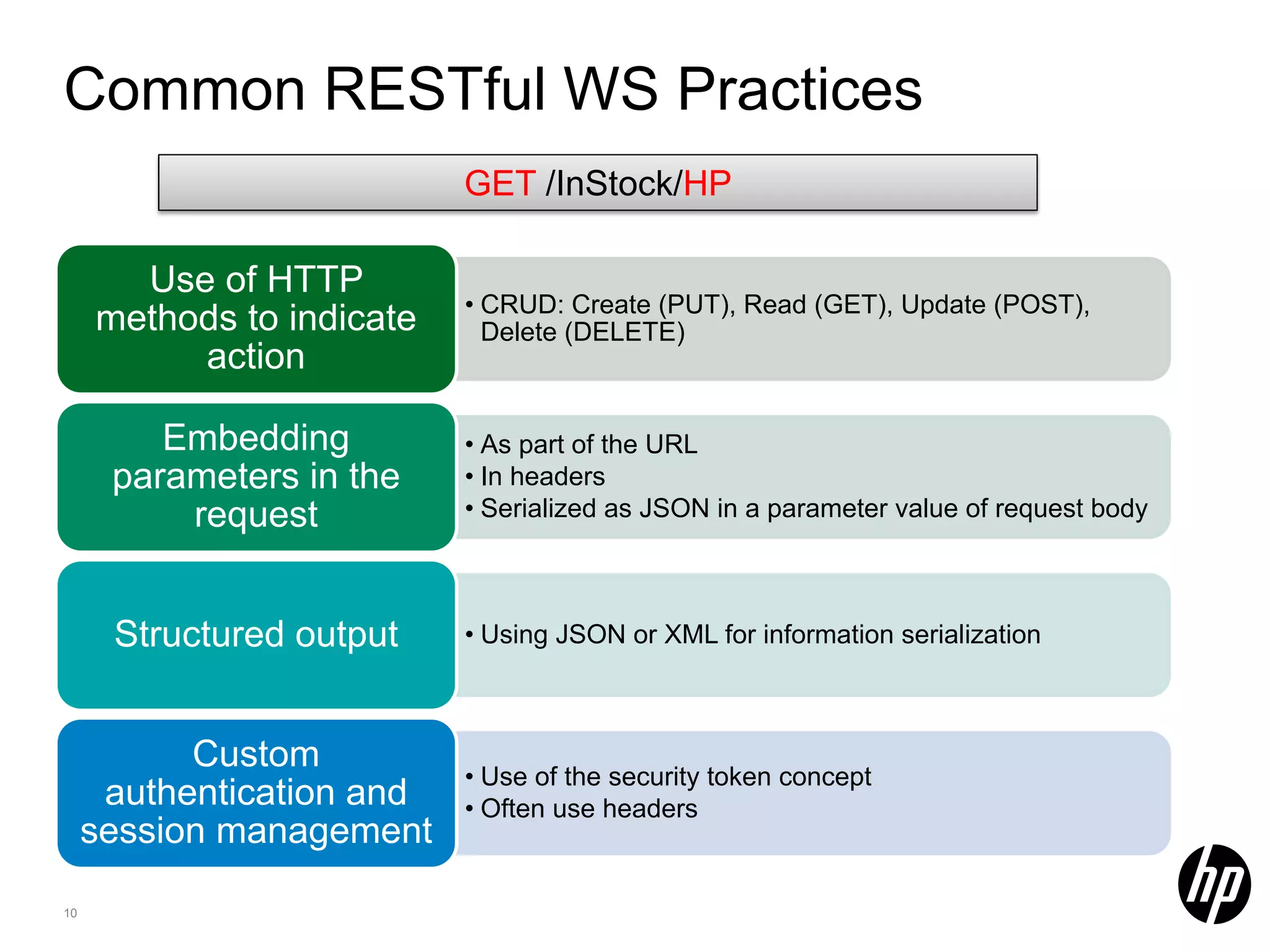 Common RESTful WS Practices GET /InStock/HP Use of HTTP • CRUD: Create (PUT), Read (GET), Update (POST), methods to indicate Delete (DELETE) action Embedding • As part of the URL parameters in the • In headers request • Serialized as JSON in a parameter value of request body Structured output • Using JSON or XML for information serialization Custom • Use of the security token concept authentication and • Often use headers session management 10 