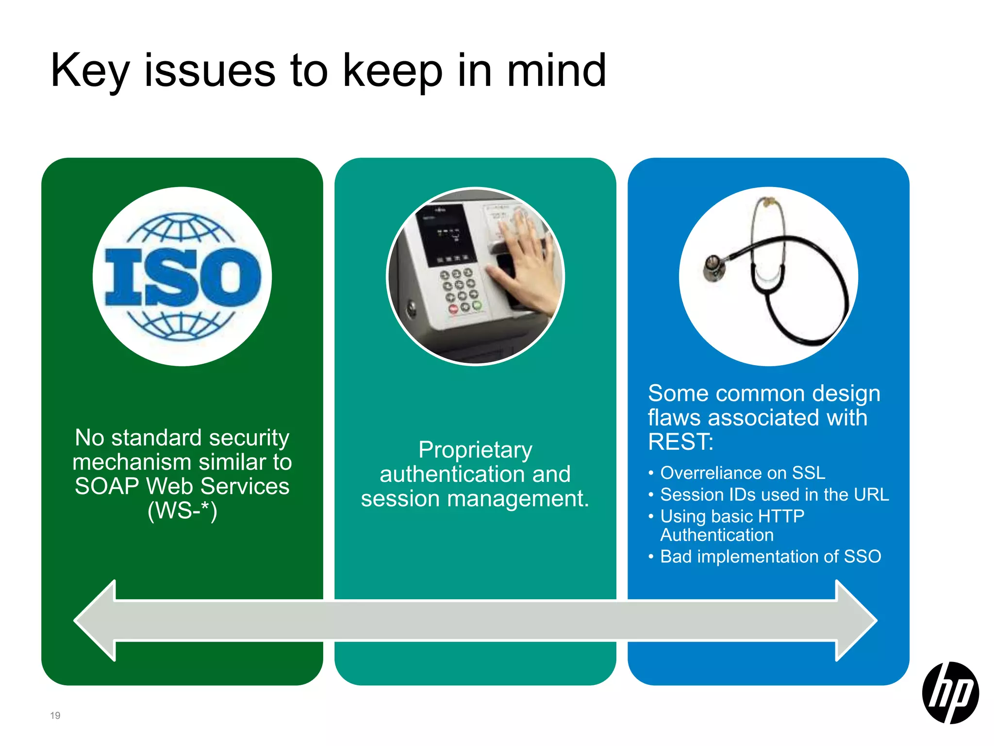 Key issues to keep in mind Some common design flaws associated with No standard security REST: Proprietary mechanism similar to • Overreliance on SSL authentication and SOAP Web Services • Session IDs used in the URL session management. (WS-*) • Using basic HTTP Authentication • Bad implementation of SSO 19 