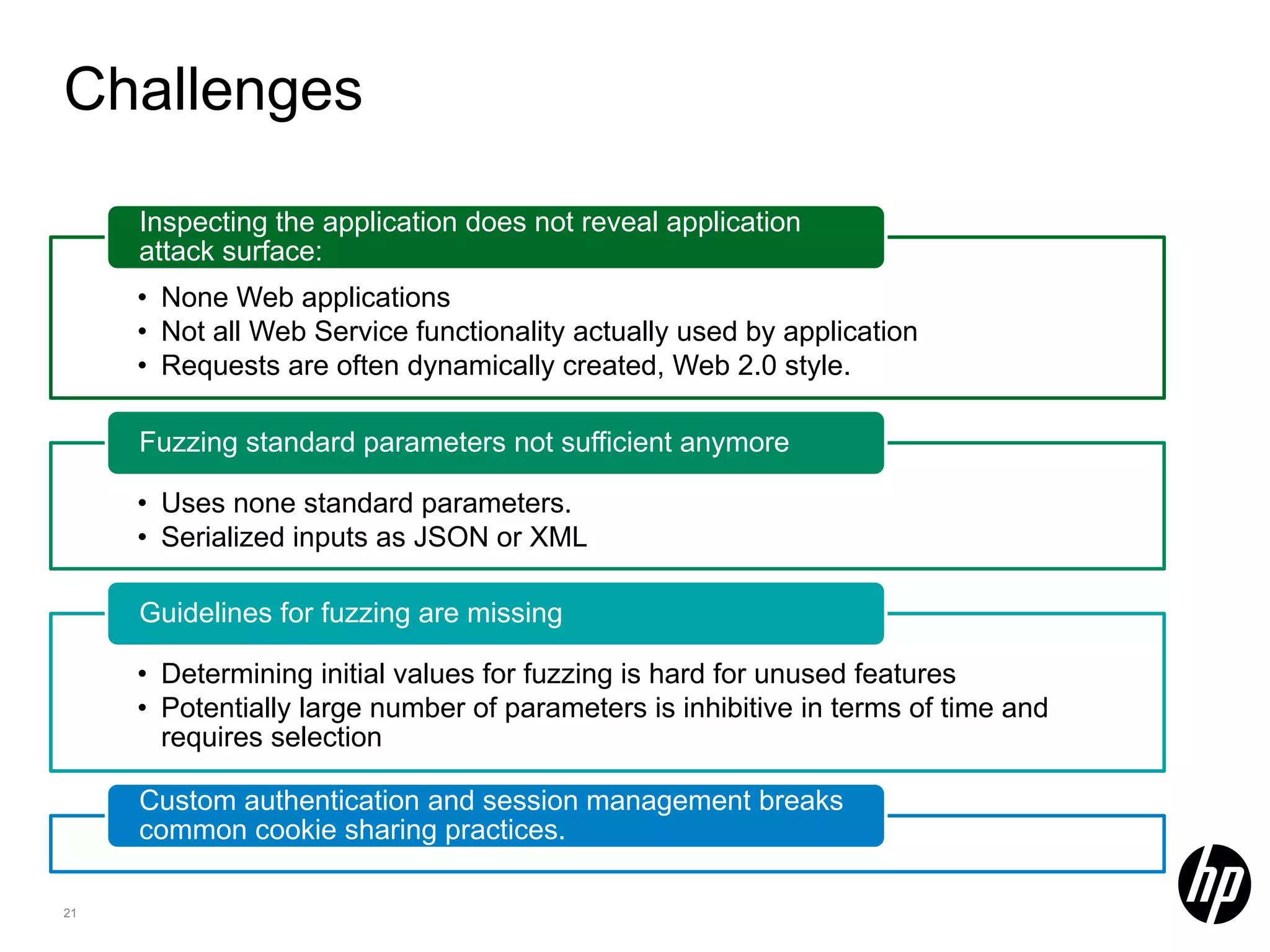 Challenges Inspecting the application does not reveal application attack surface: • None Web applications • Not all Web Service functionality actually used by application • Requests are often dynamically created, Web 2.0 style. Fuzzing standard parameters not sufficient anymore • Uses none standard parameters. • Serialized inputs as JSON or XML Guidelines for fuzzing are missing • Determining initial values for fuzzing is hard for unused features • Potentially large number of parameters is inhibitive in terms of time and requires selection Custom authentication and session management breaks common cookie sharing practices. 21 