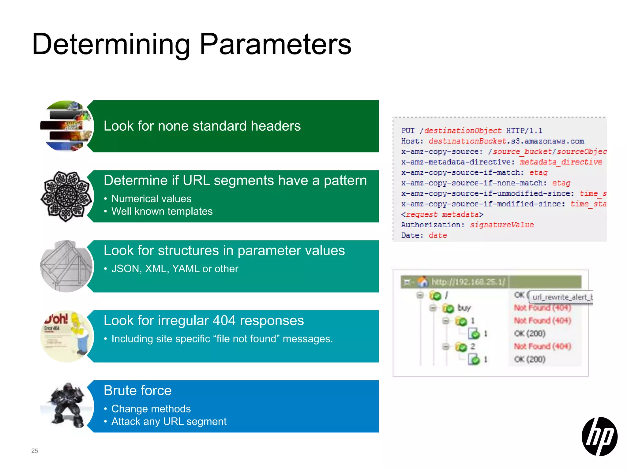 Determining Parameters Look for none standard headers Determine if URL segments have a pattern • Numerical values • Well known templates Look for structures in parameter values • JSON, XML, YAML or other Look for irregular 404 responses • Including site specific “file not found” messages. Brute force • Change methods • Attack any URL segment 25 