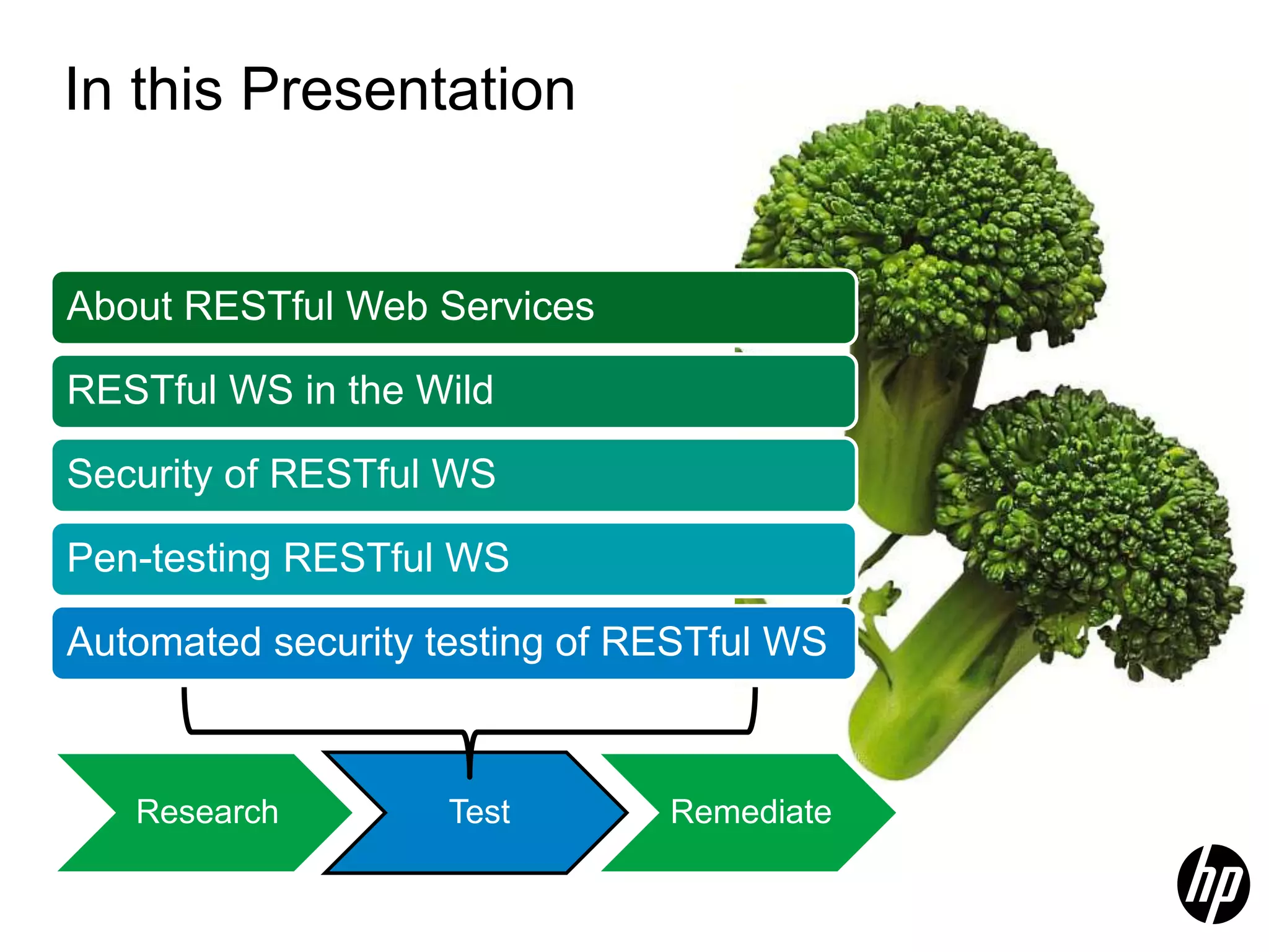 In this Presentation About RESTful Web Services RESTful WS in the Wild Security of RESTful WS Pen-testing RESTful WS Automated security testing of RESTful WS Research Test Remediate 