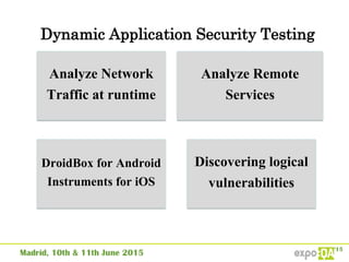 Dynamic Application Security Testing
Analyze Network
Traffic at runtime
Analyze Remote
Services
DroidBox for Android
Instruments for iOS
Discovering logical
vulnerabilities
 
