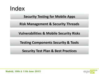 Index
Security Testing for Mobile Apps
Risk Management & Security Threads
Vulnerabilities & Mobile Security Risks
Testing Components Security & Tools
Security Test Plan & Best Practices
 