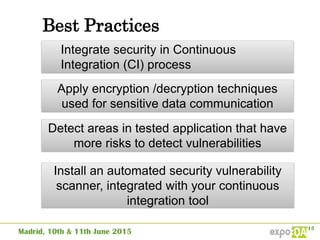 Best Practices
Integrate security in Continuous
Integration (CI) process
Apply encryption /decryption techniques
used for sensitive data communication
Detect areas in tested application that have
more risks to detect vulnerabilities
Install an automated security vulnerability
scanner, integrated with your continuous
integration tool
 