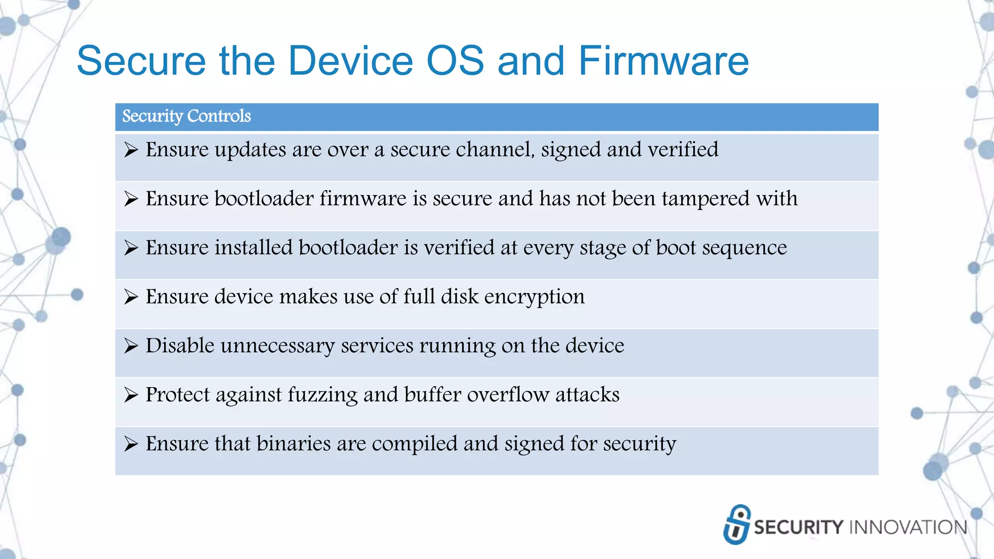 Secure the Device OS and Firmware
Security Controls
 Ensure updates are over a secure channel, signed and verified
 Ensure bootloader firmware is secure and has not been tampered with
 Ensure installed bootloader is verified at every stage of boot sequence
 Ensure device makes use of full disk encryption
 Disable unnecessary services running on the device
 Protect against fuzzing and buffer overflow attacks
 Ensure that binaries are compiled and signed for security
 