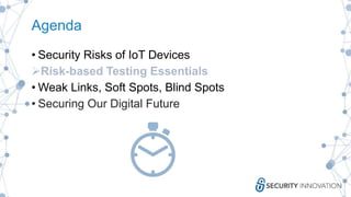 Agenda
• Security Risks of IoT Devices
Risk-based Testing Essentials
• Weak Links, Soft Spots, Blind Spots
• Securing Our Digital Future
 