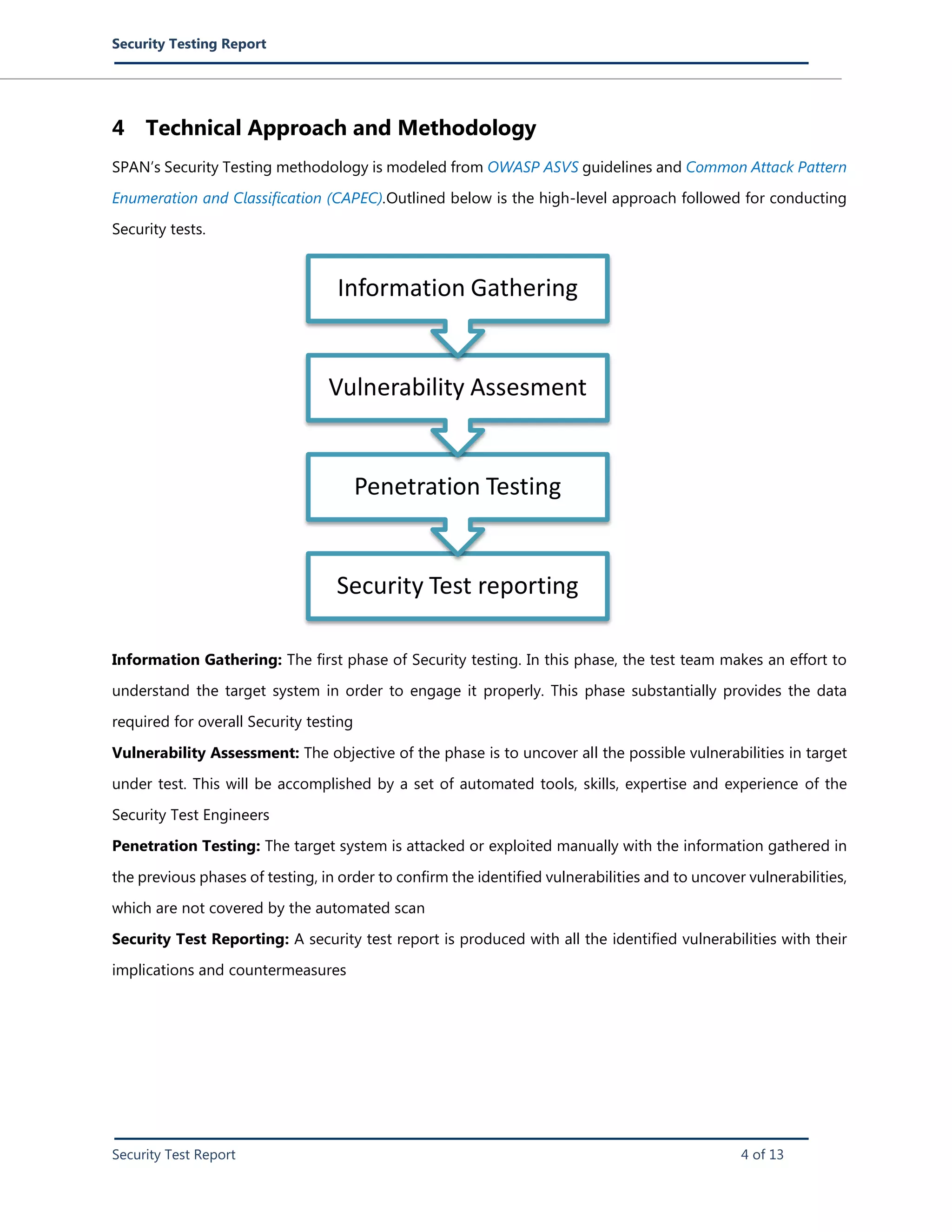 Security Testing Report
Security Test Report 4 of 13
4 Technical Approach and Methodology
SPAN’s Security Testing methodology is modeled from OWASP ASVS guidelines and Common Attack Pattern
Enumeration and Classification (CAPEC).Outlined below is the high-level approach followed for conducting
Security tests.
Information Gathering: The first phase of Security testing. In this phase, the test team makes an effort to
understand the target system in order to engage it properly. This phase substantially provides the data
required for overall Security testing
Vulnerability Assessment: The objective of the phase is to uncover all the possible vulnerabilities in target
under test. This will be accomplished by a set of automated tools, skills, expertise and experience of the
Security Test Engineers
Penetration Testing: The target system is attacked or exploited manually with the information gathered in
the previous phases of testing, in order to confirm the identified vulnerabilities and to uncover vulnerabilities,
which are not covered by the automated scan
Security Test Reporting: A security test report is produced with all the identified vulnerabilities with their
implications and countermeasures
Security Test reporting
Penetration Testing
Vulnerability Assesment
Information Gathering
 