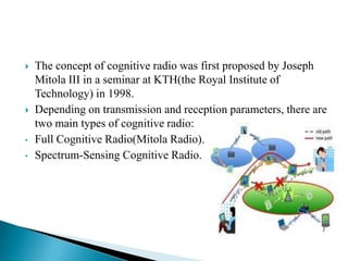  The concept of cognitive radio was first proposed by Joseph
Mitola III in a seminar at KTH(the Royal Institute of
Technology) in 1998.
 Depending on transmission and reception parameters, there are
two main types of cognitive radio:
• Full Cognitive Radio(Mitola Radio).
• Spectrum-Sensing Cognitive Radio.
 
