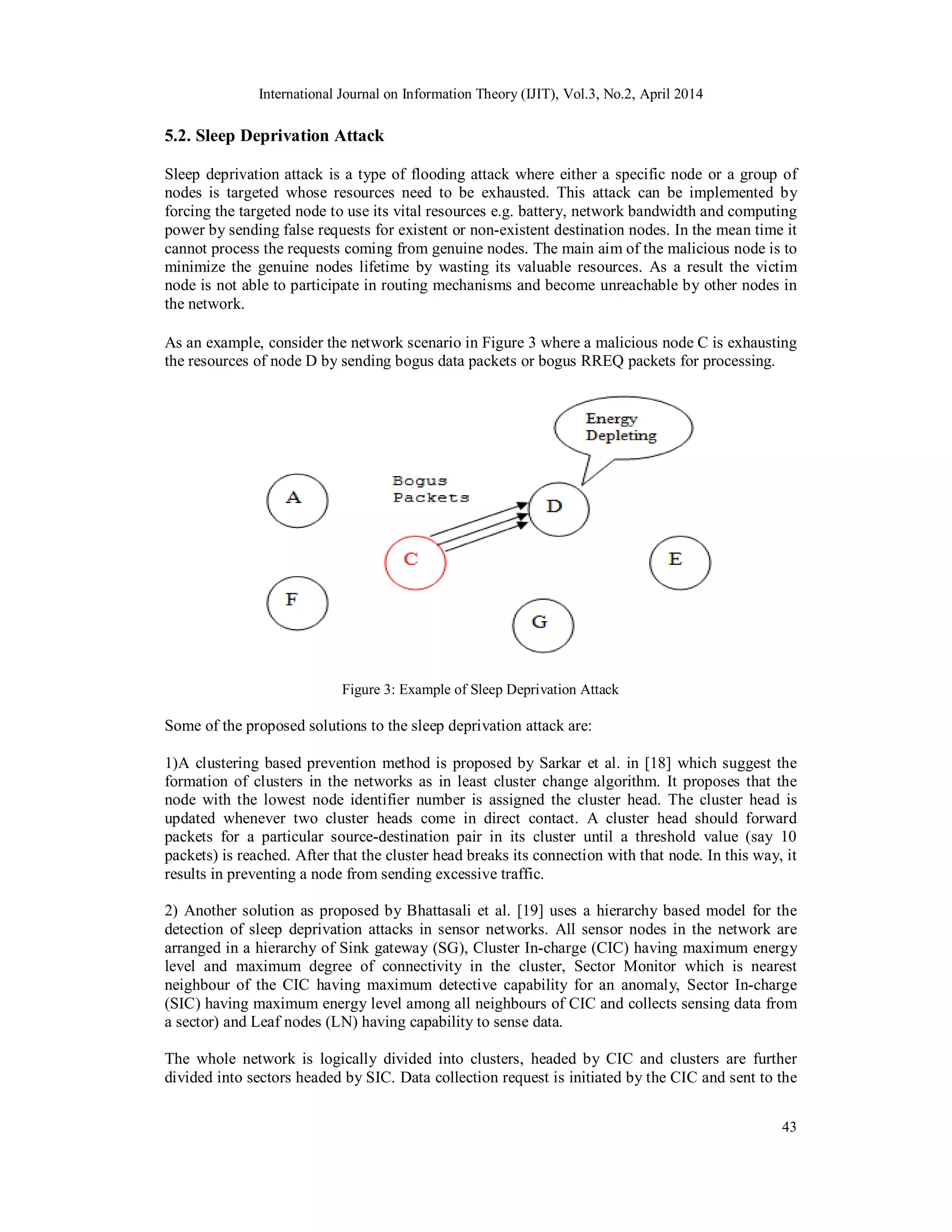 International Journal on Information Theory (IJIT), Vol.3, No.2, April 2014
43
5.2. Sleep Deprivation Attack
Sleep deprivation attack is a type of flooding attack where either a specific node or a group of
nodes is targeted whose resources need to be exhausted. This attack can be implemented by
forcing the targeted node to use its vital resources e.g. battery, network bandwidth and computing
power by sending false requests for existent or non-existent destination nodes. In the mean time it
cannot process the requests coming from genuine nodes. The main aim of the malicious node is to
minimize the genuine nodes lifetime by wasting its valuable resources. As a result the victim
node is not able to participate in routing mechanisms and become unreachable by other nodes in
the network.
As an example, consider the network scenario in Figure 3 where a malicious node C is exhausting
the resources of node D by sending bogus data packets or bogus RREQ packets for processing.
Figure 3: Example of Sleep Deprivation Attack
Some of the proposed solutions to the sleep deprivation attack are:
1)A clustering based prevention method is proposed by Sarkar et al. in [18] which suggest the
formation of clusters in the networks as in least cluster change algorithm. It proposes that the
node with the lowest node identifier number is assigned the cluster head. The cluster head is
updated whenever two cluster heads come in direct contact. A cluster head should forward
packets for a particular source-destination pair in its cluster until a threshold value (say 10
packets) is reached. After that the cluster head breaks its connection with that node. In this way, it
results in preventing a node from sending excessive traffic.
2) Another solution as proposed by Bhattasali et al. [19] uses a hierarchy based model for the
detection of sleep deprivation attacks in sensor networks. All sensor nodes in the network are
arranged in a hierarchy of Sink gateway (SG), Cluster In-charge (CIC) having maximum energy
level and maximum degree of connectivity in the cluster, Sector Monitor which is nearest
neighbour of the CIC having maximum detective capability for an anomaly, Sector In-charge
(SIC) having maximum energy level among all neighbours of CIC and collects sensing data from
a sector) and Leaf nodes (LN) having capability to sense data.
The whole network is logically divided into clusters, headed by CIC and clusters are further
divided into sectors headed by SIC. Data collection request is initiated by the CIC and sent to the
 