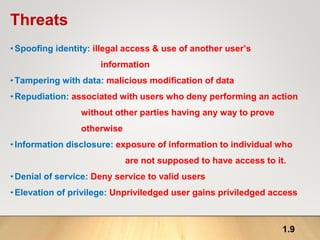 1.9
Threats
•Spoofing identity: illegal access & use of another user’s
information
•Tampering with data: malicious modification of data
•Repudiation: associated with users who deny performing an action
without other parties having any way to prove
otherwise
•Information disclosure: exposure of information to individual who
are not supposed to have access to it.
•Denial of service: Deny service to valid users
•Elevation of privilege: Unpriviledged user gains priviledged access
 