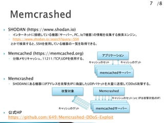 7 /8
? SHODAN (https://www.shodan.io)
? 󥿩`ͥåȤ˽ӾAƤC`Щ`PCIoTC򅧼󥸥
? https://www.shodan.io/search?query=SSH
ȤǗȡSSHʹäƤCһEȡäǤ롣
? Memcached (https://memcached.org)
? ɢꥭå塣11211/TCP,UDPʹä롣
? Memcrashed
? SHODANˤCIPɥ쥹򹥓IP˂װUDPѥåȤŤDDoSĤ롣
? ʽHP
https://github.com/649/Memcrashed-DDoS-Exploit
ץꥱ`
memcashed`Щ`
memcashed`Щ`
memcached`Щ`
åΥå åΥå
Memcrashed
memcashed`Щ`
memcashed`Щ`
memcached`Щ`
åΥåȣsrc IPϹČIIP
åΥå
Č
 