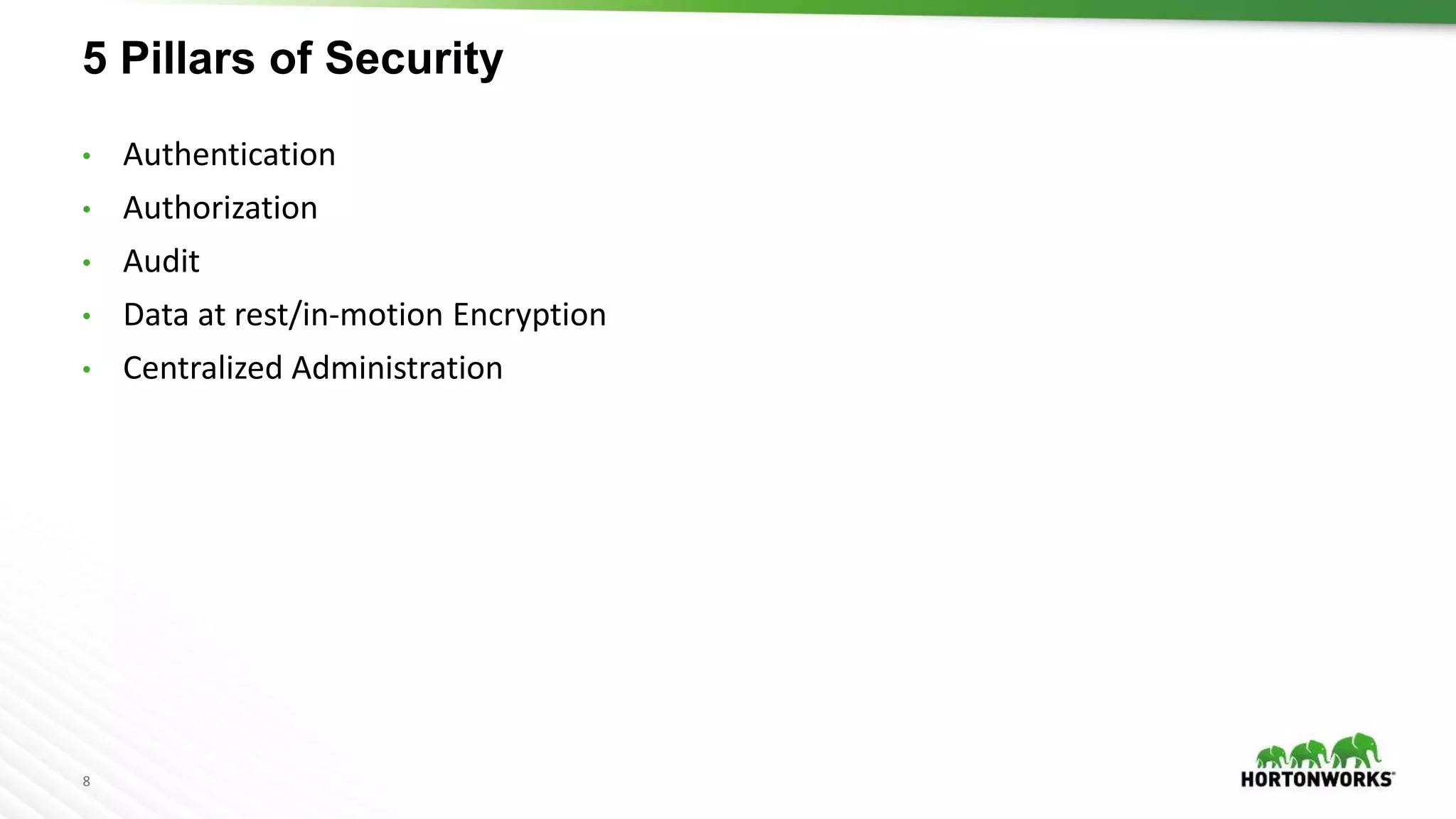 8
• Authentication
• Authorization
• Audit
• Data at rest/in-motion Encryption
• Centralized Administration
5 Pillars of Security
 